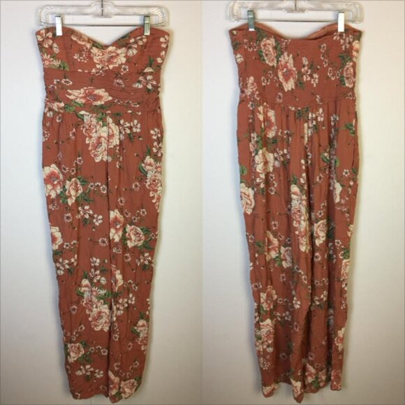Band of Gypsies Pants - Band of Gypsies Strapless Jumpsuit Size L Womans Mauve Pink Floral Light Padded